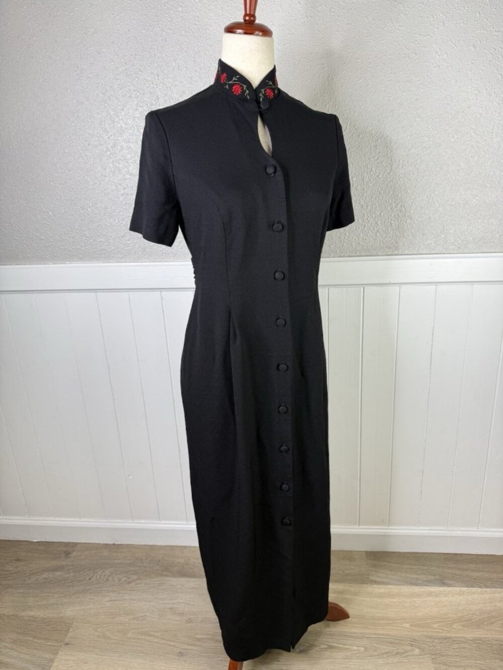 Vtg 90s Asian Inspired Dress Sz 10 Black Embroidered Asian Inspired Goth Grunge - Picture 5 of 16